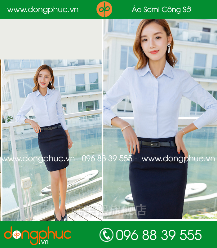 Đồng phục áo sơ mi màu xanh dương quần đen